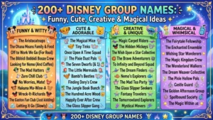 Disney group names infographic featuring funny, cute, creative, and magical ideas in colorful columns.