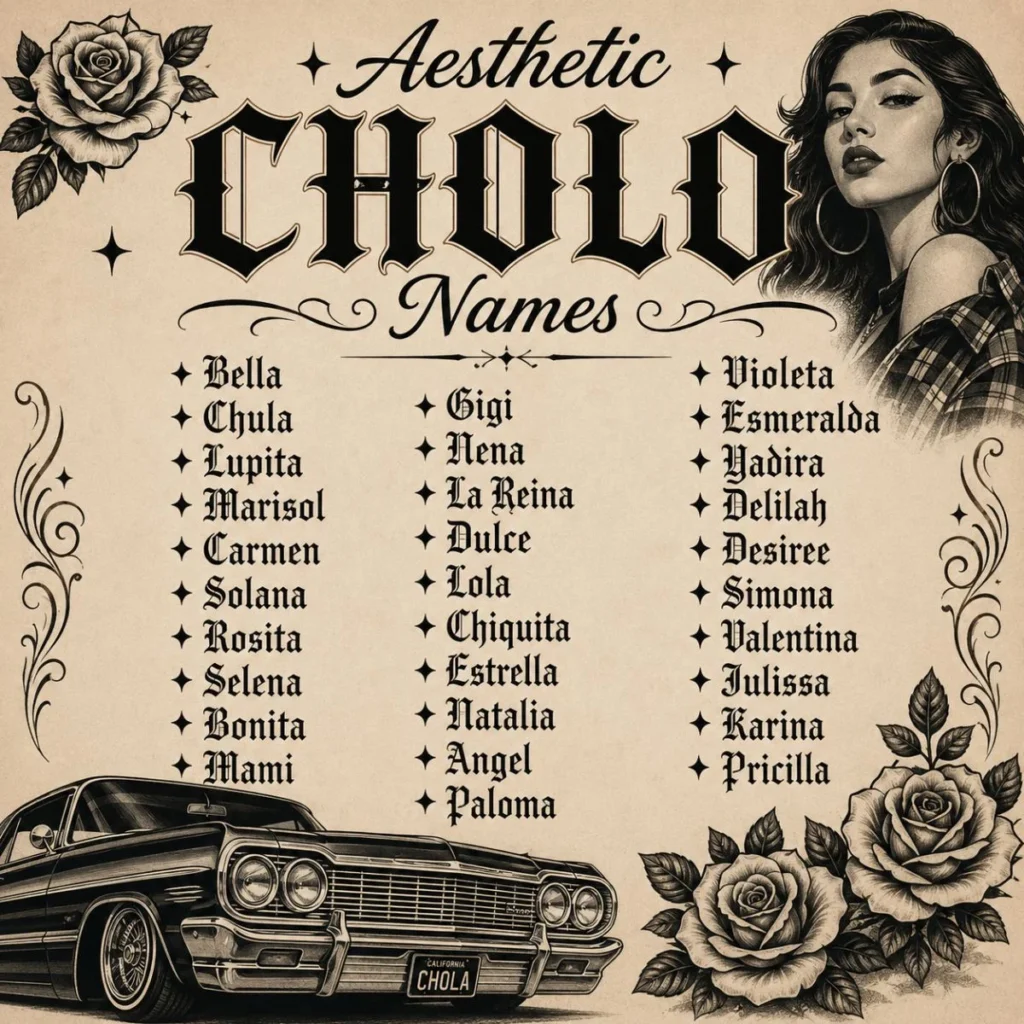 Aesthetic Cholo names poster with Gothic lettering, roses, a lowrider car, and vintage Chola-inspired artwork