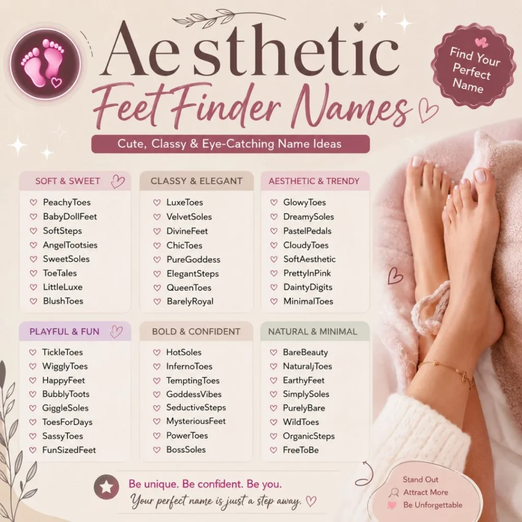 Aesthetic FeetFinder names graphic with cute, classy, trendy, and unique username ideas.