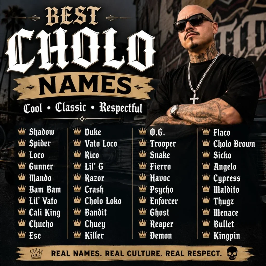 Best Cholo names poster featuring cool, classic, and unique nickname ideas