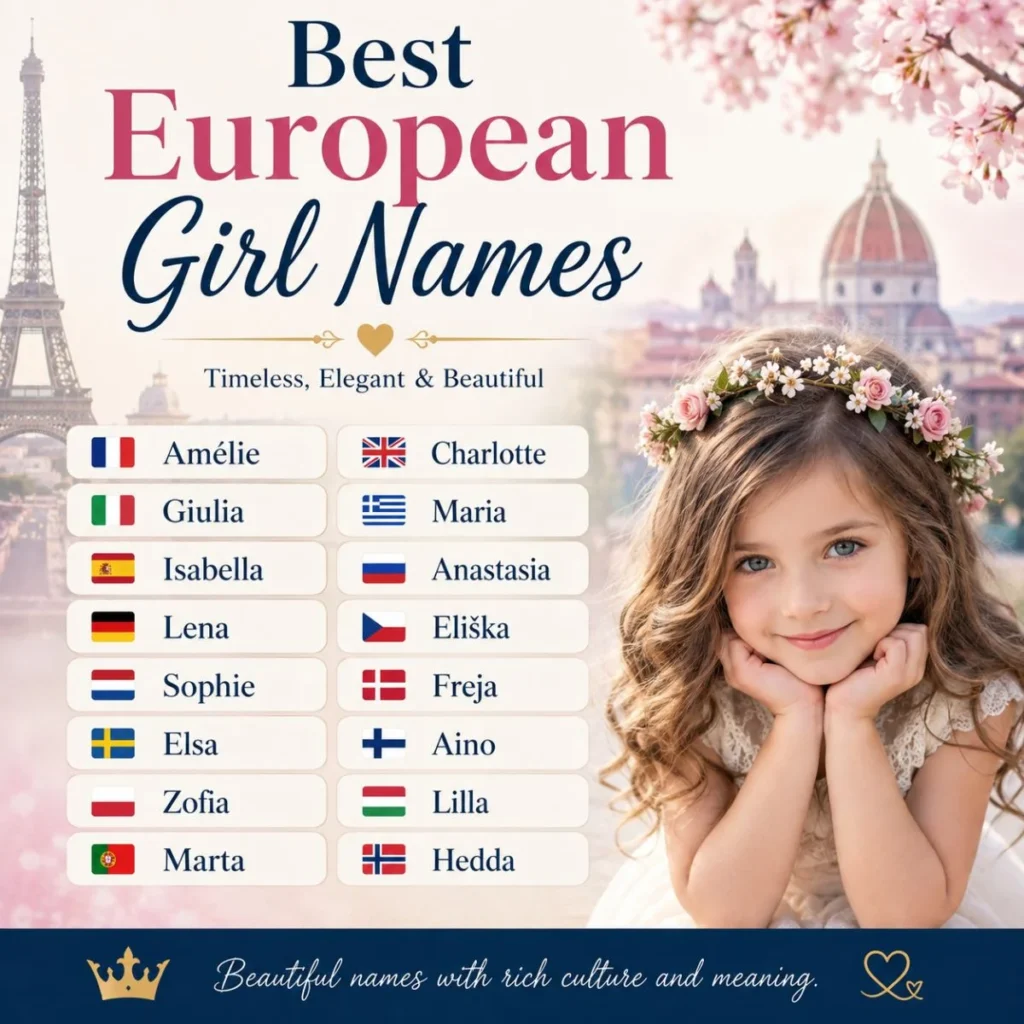 Best European girl names including Amélie, Giulia, Charlotte, Freja, and other elegant name ideas
