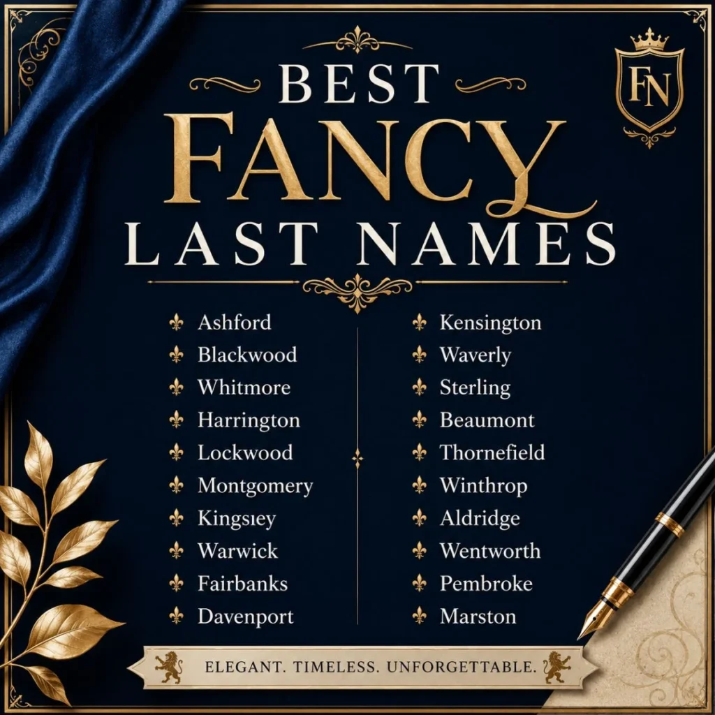 Best fancy last names displayed in an elegant navy and gold vintage design