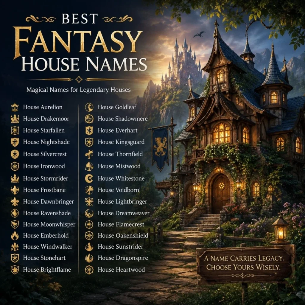 Best fantasy house names displayed beside a magical medieval house and castle in a misty fantasy landscape.