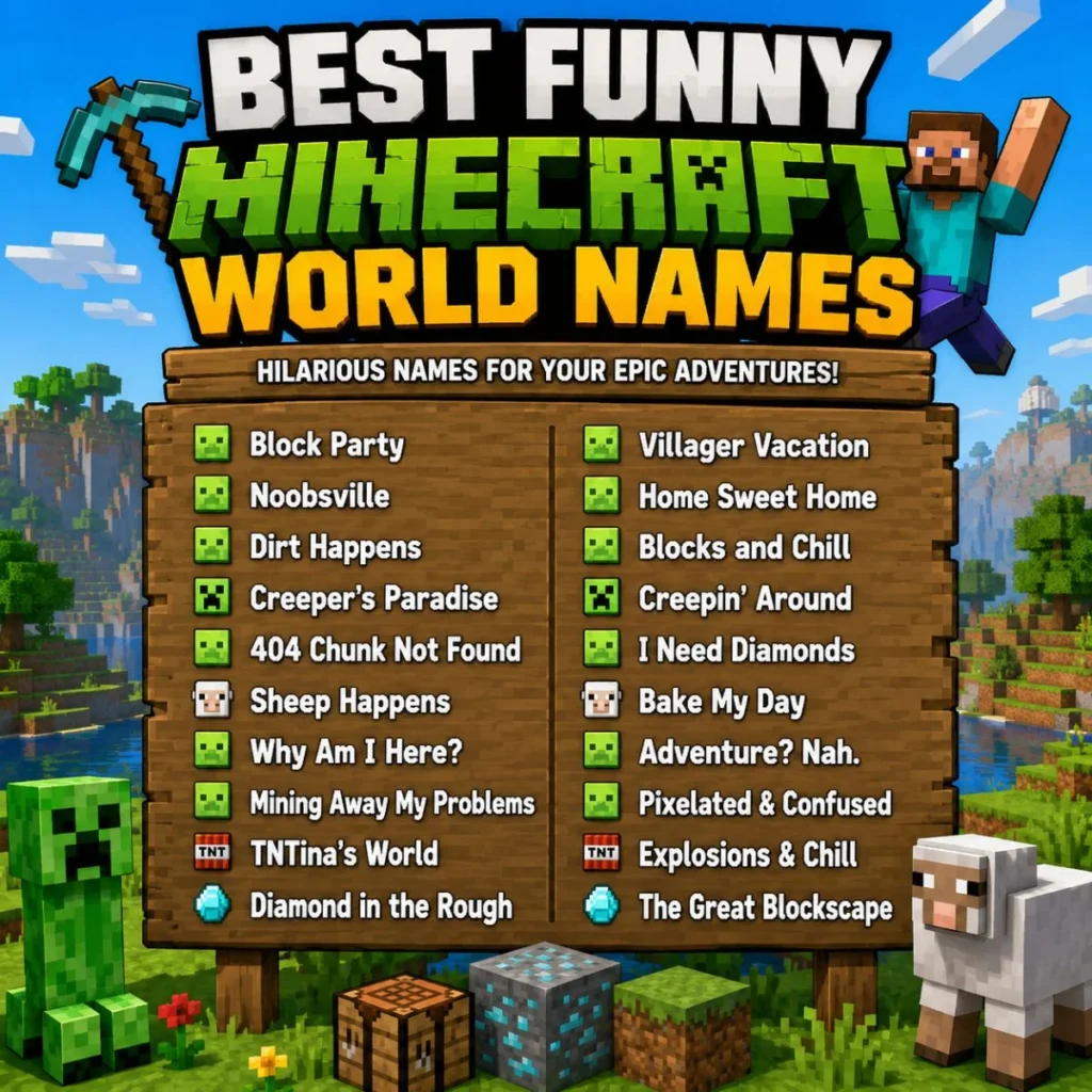 Best funny Minecraft world names displayed on a Minecraft-themed wooden sign with Creeper and Steve