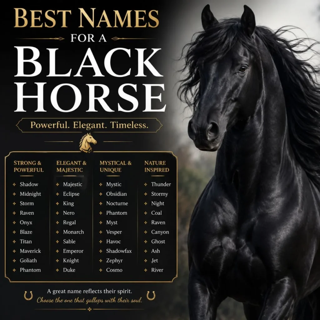 Best names for a black horse featuring strong, elegant, mystical, and nature-inspired horse names