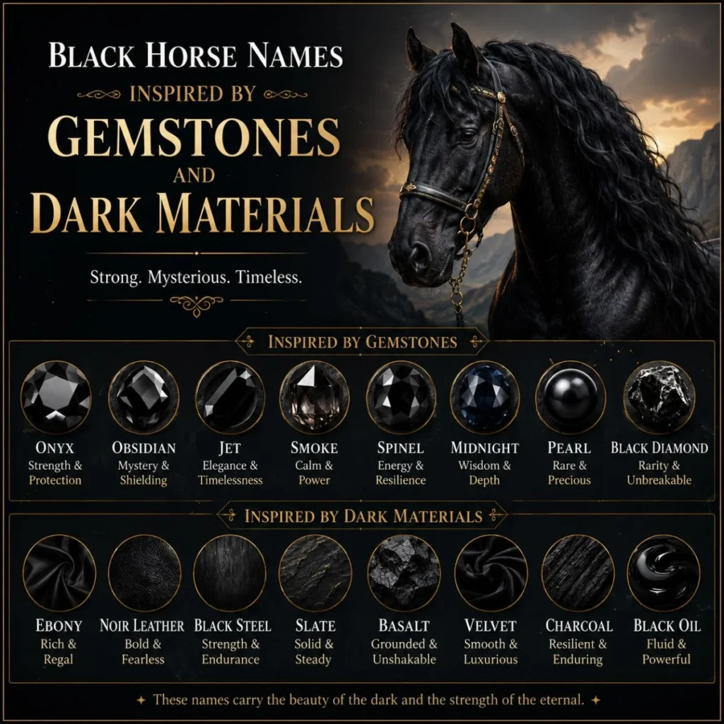 Black horse names inspired by gemstones and dark materials like Onyx, Obsidian, Jet, Ebony, and Velvet