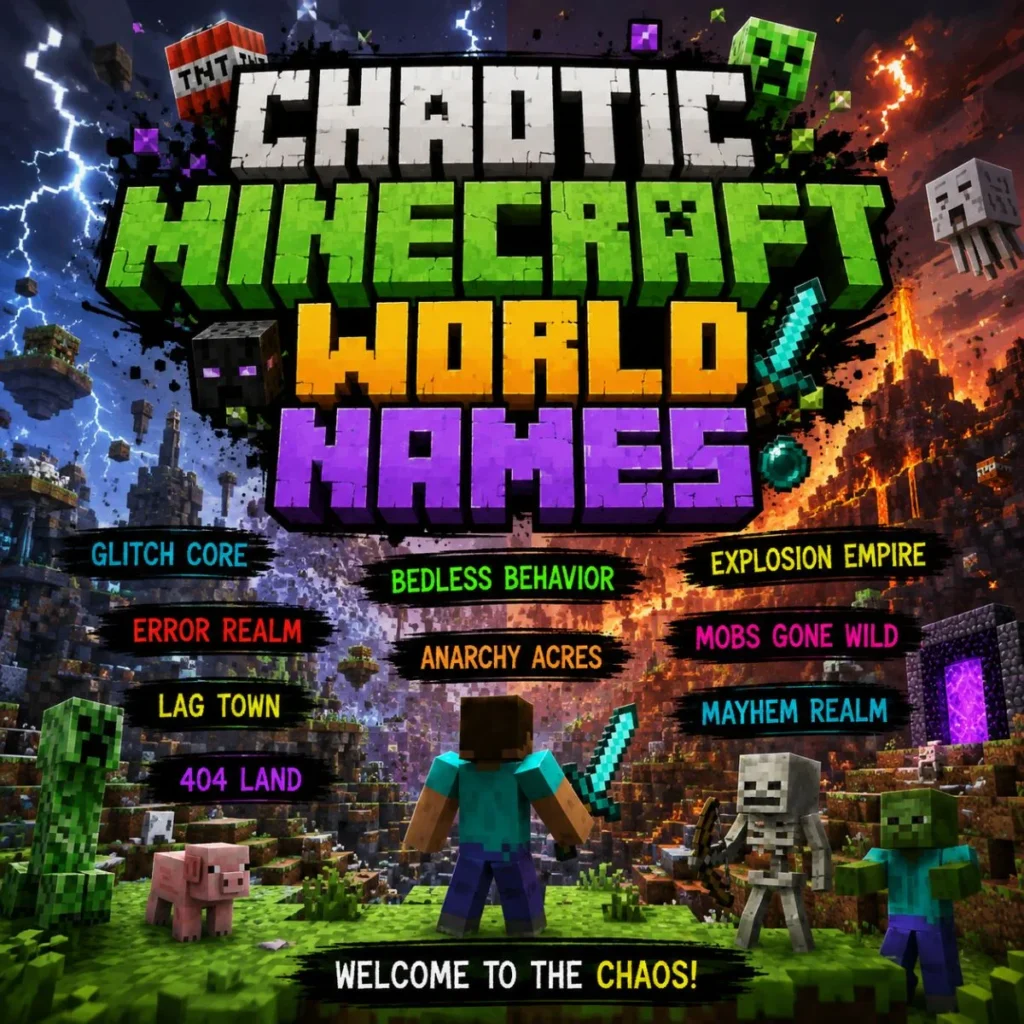 Chaotic Minecraft world names poster with mobs, explosions, lava, lightning, and colorful voxel-style text