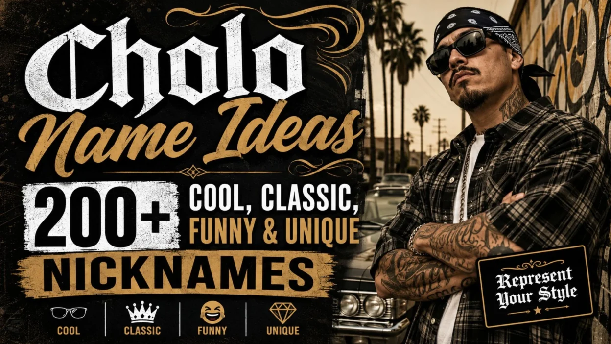 Cholo name ideas graphic featuring cool, classic, funny and unique nicknames with a Chicano-inspired street style