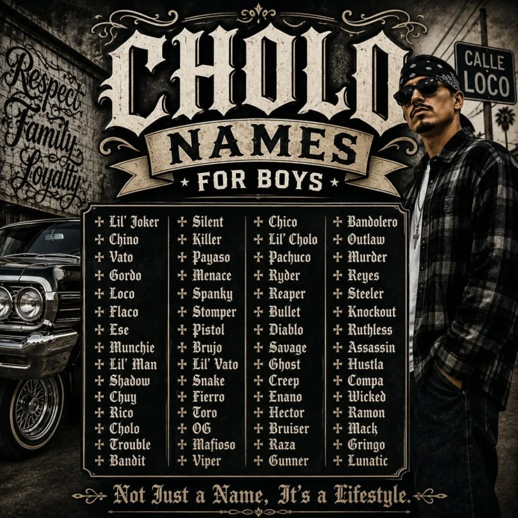 Cholo names for boys in a vintage lowrider-style poster with bold Gothic lettering and nicknames