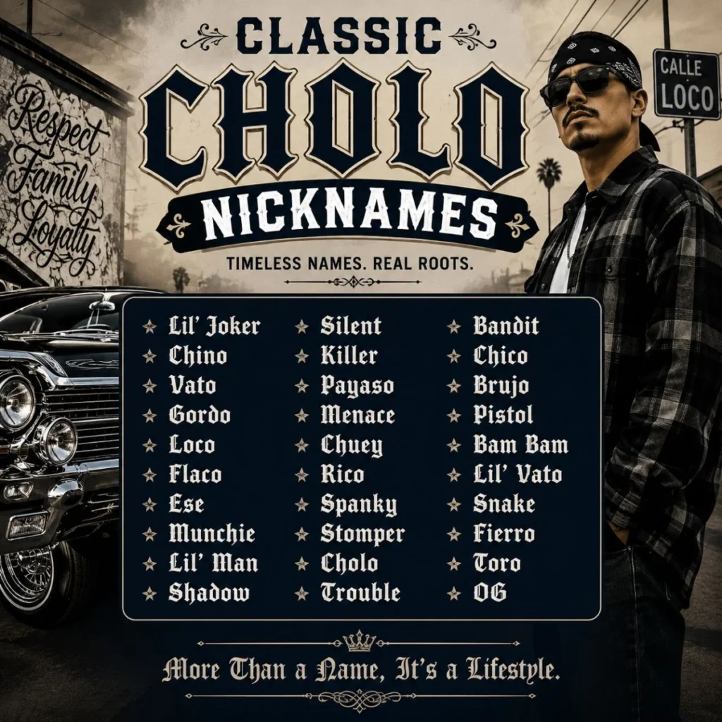 Classic Cholo nicknames with lowrider, street-style artwork, and traditional Chicano-inspired lettering