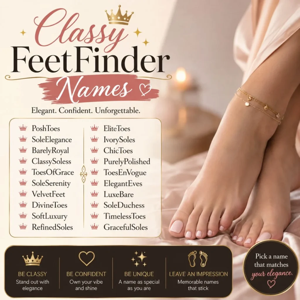 Classy FeetFinder names graphic with elegant name ideas, gold accents, and polished feet imagery
