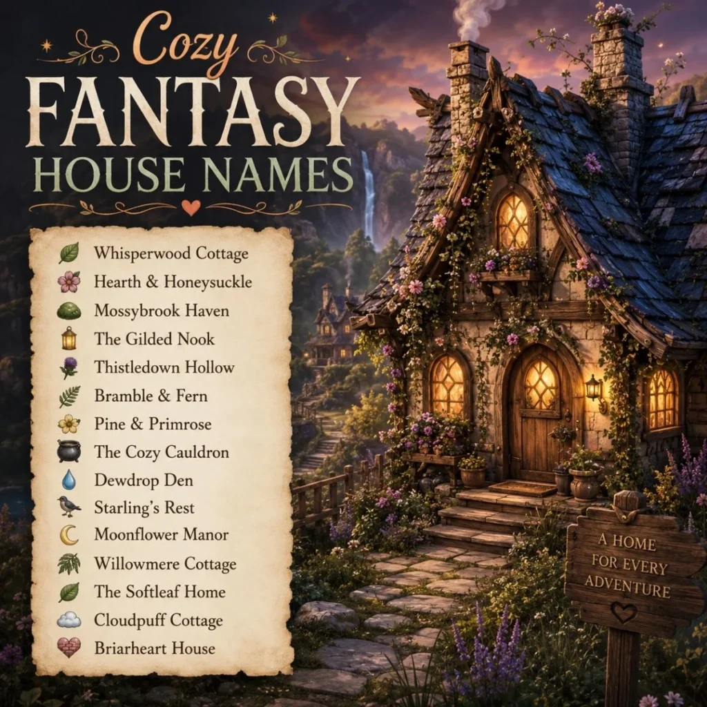 Cozy fantasy house names poster featuring a charming cottage, flowers, waterfall, and whimsical home name ideas