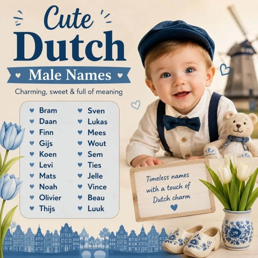 Cute Dutch male names featuring charming baby boy names with Dutch-inspired design and tulips