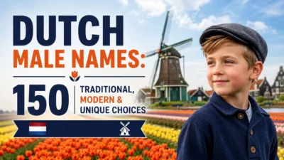 Dutch male names with a Dutch boy, windmill, and colorful tulip fields