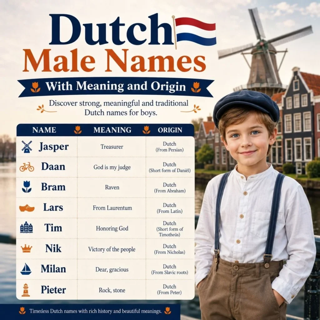 Dutch male names with meanings and origins, featuring a traditional canal scene and Dutch boy