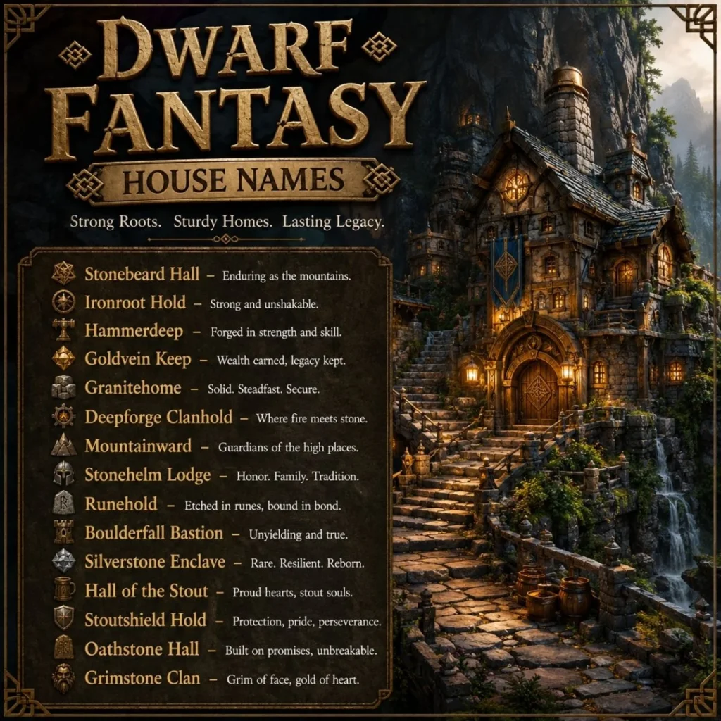 Dwarf fantasy house names displayed beside a cozy stone mountain home in an enchanted fantasy setting