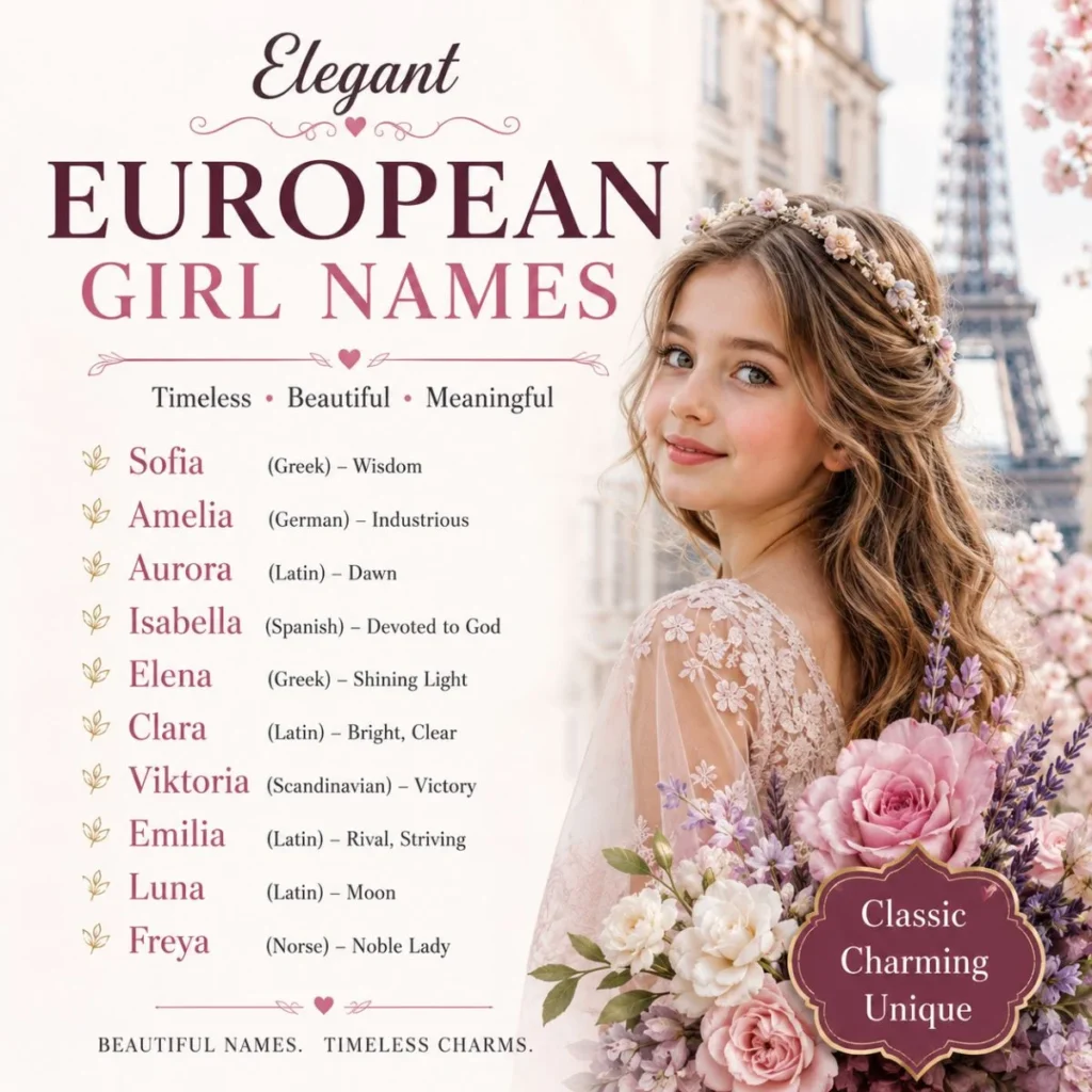 Elegant European girl names with a floral Parisian-inspired design and classic name ideas