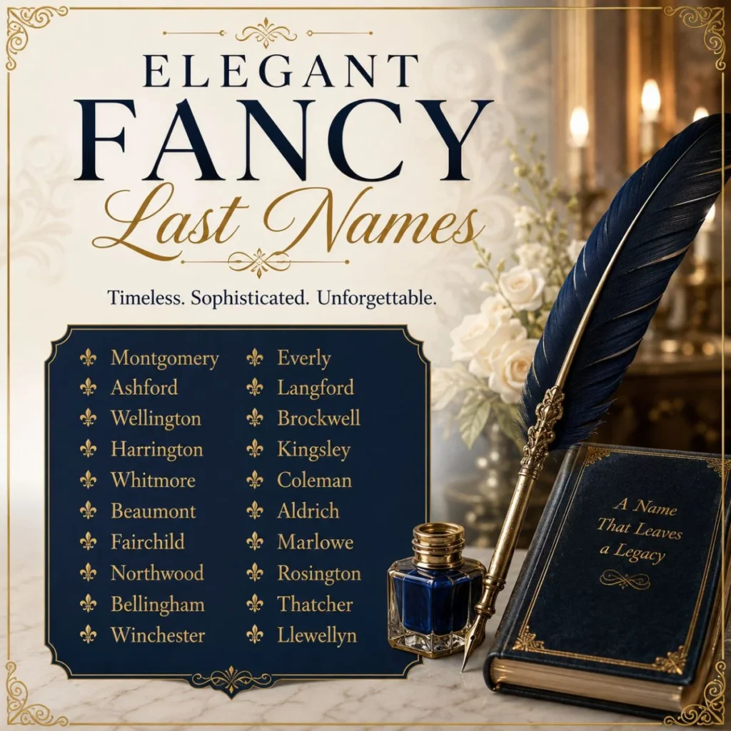 Elegant fancy last names displayed in a luxurious navy and gold design with a classic mansion backdrop.