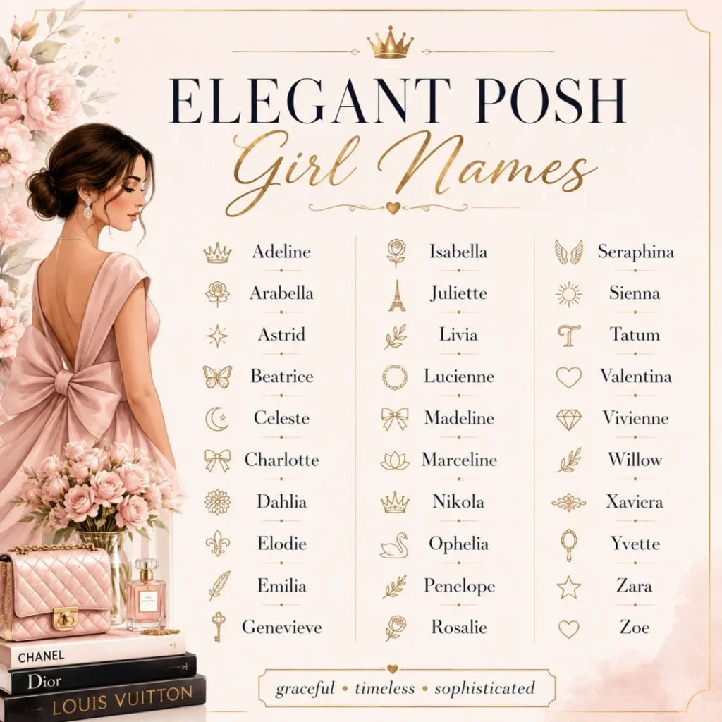 Elegant posh girl names in a luxurious floral and gold name list design
