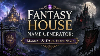 Fantasy house name generator featuring magical and dark castles under a mystical twilight sky