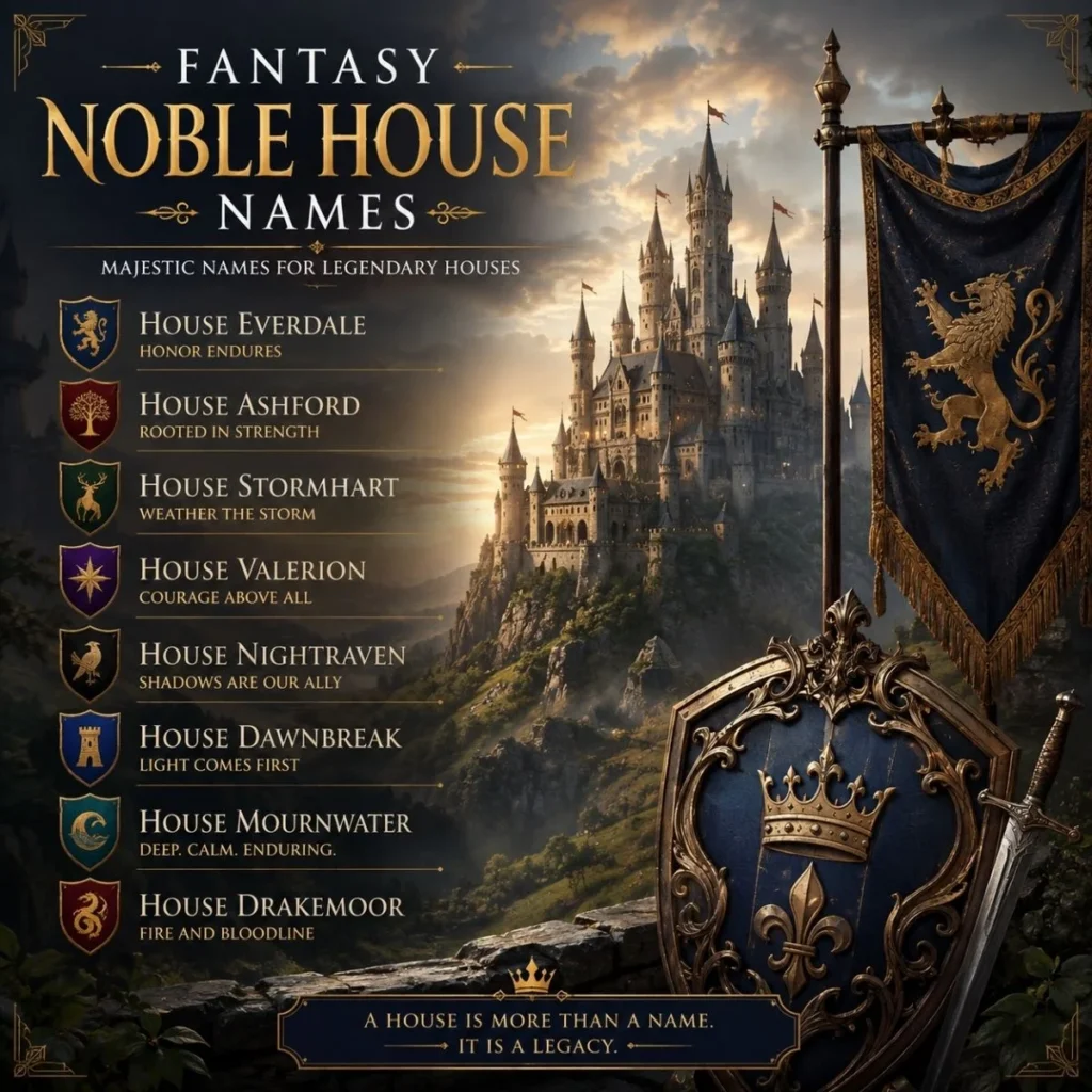 Fantasy noble house names with medieval castles, heraldic shields, banners, and legendary family names