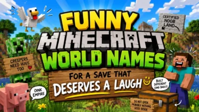 Funny Minecraft world names with a laughing Steve, creeper, pig, chicken, and humorous signs.