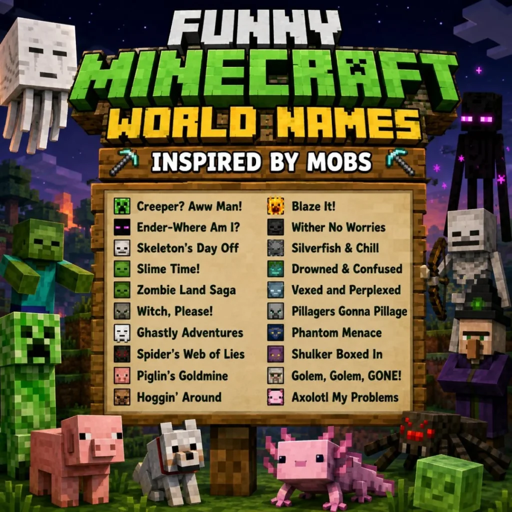 Funny Minecraft world names inspired by mobs like creepers, zombies, skeletons, pigs, and axolotls.