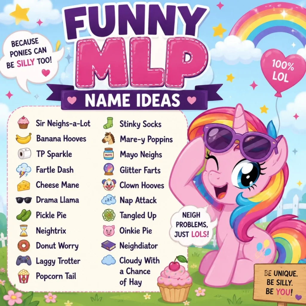 Funny MLP name ideas featuring a playful pink pony, silly names, rainbows, cupcakes, and colorful decorations.
