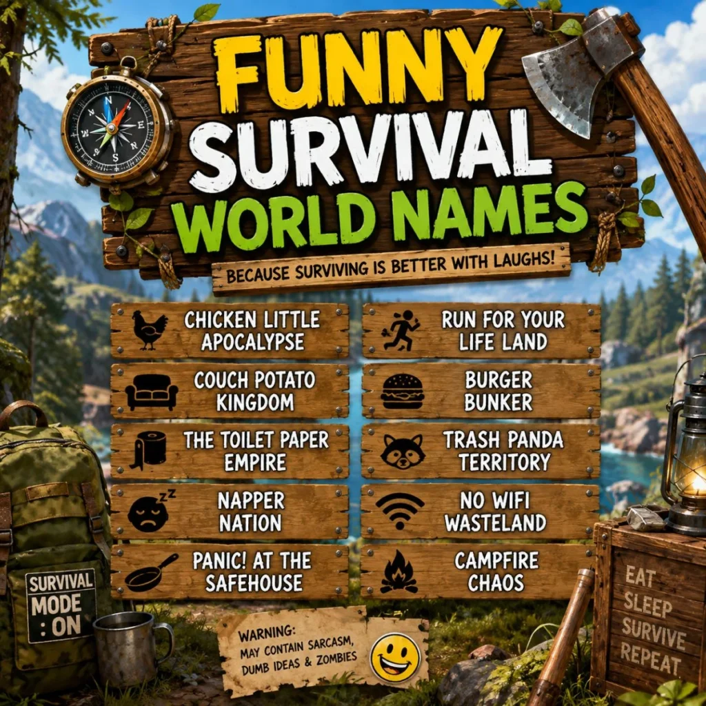 Funny survival world names poster with humorous Minecraft-inspired wilderness names and survival themes