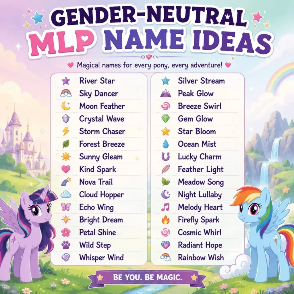 Gender-neutral MLP name ideas featuring magical, nature-inspired pony names in a colorful fantasy poster