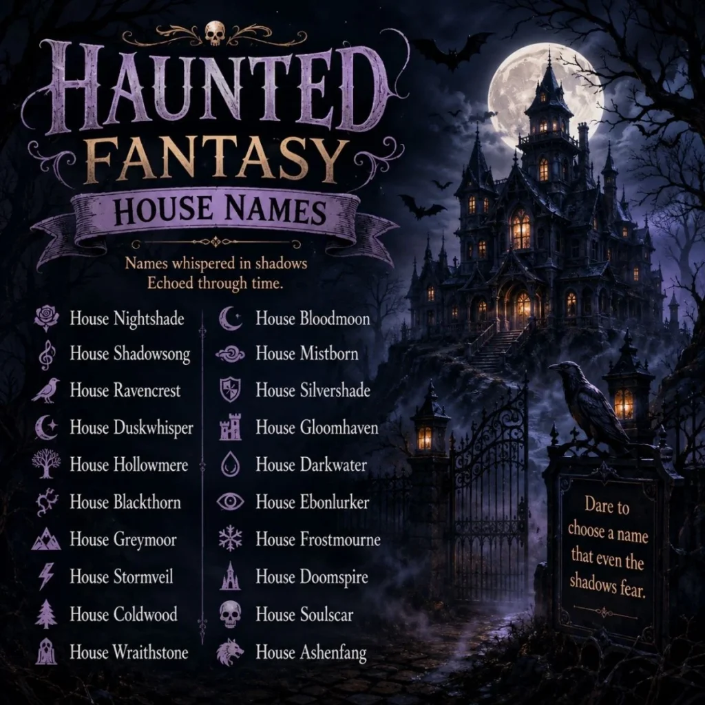 Haunted fantasy house names poster with a gothic mansion, moonlit fog, bats, and eerie house name ideas