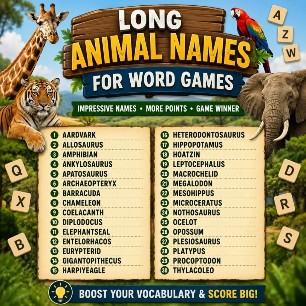Long animal names for word games with colorful animals, letter tiles, and vocabulary examples