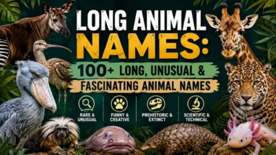 Long animal names featuring unusual, scientific, prehistoric, and fascinating animals in a jungle-themed design.