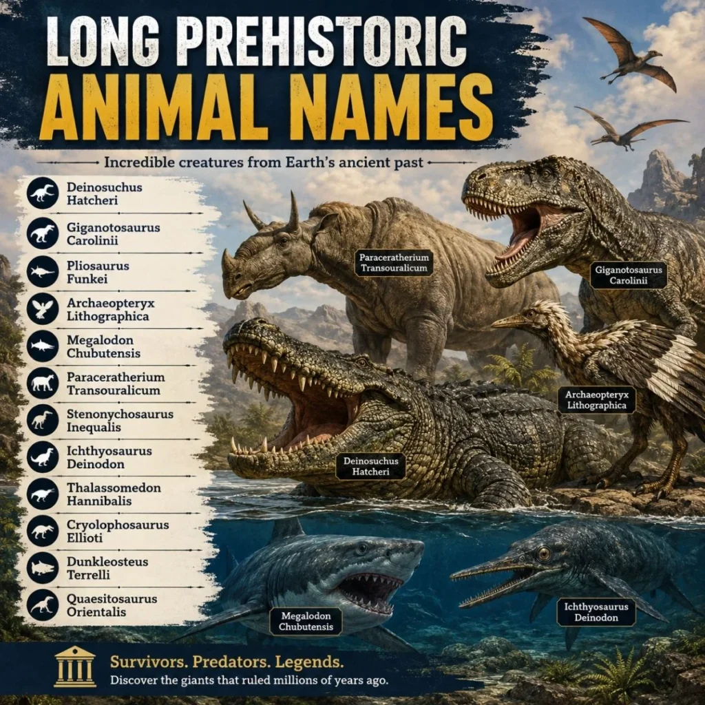 Long prehistoric animal names featuring ancient dinosaurs, giant reptiles, and marine predators