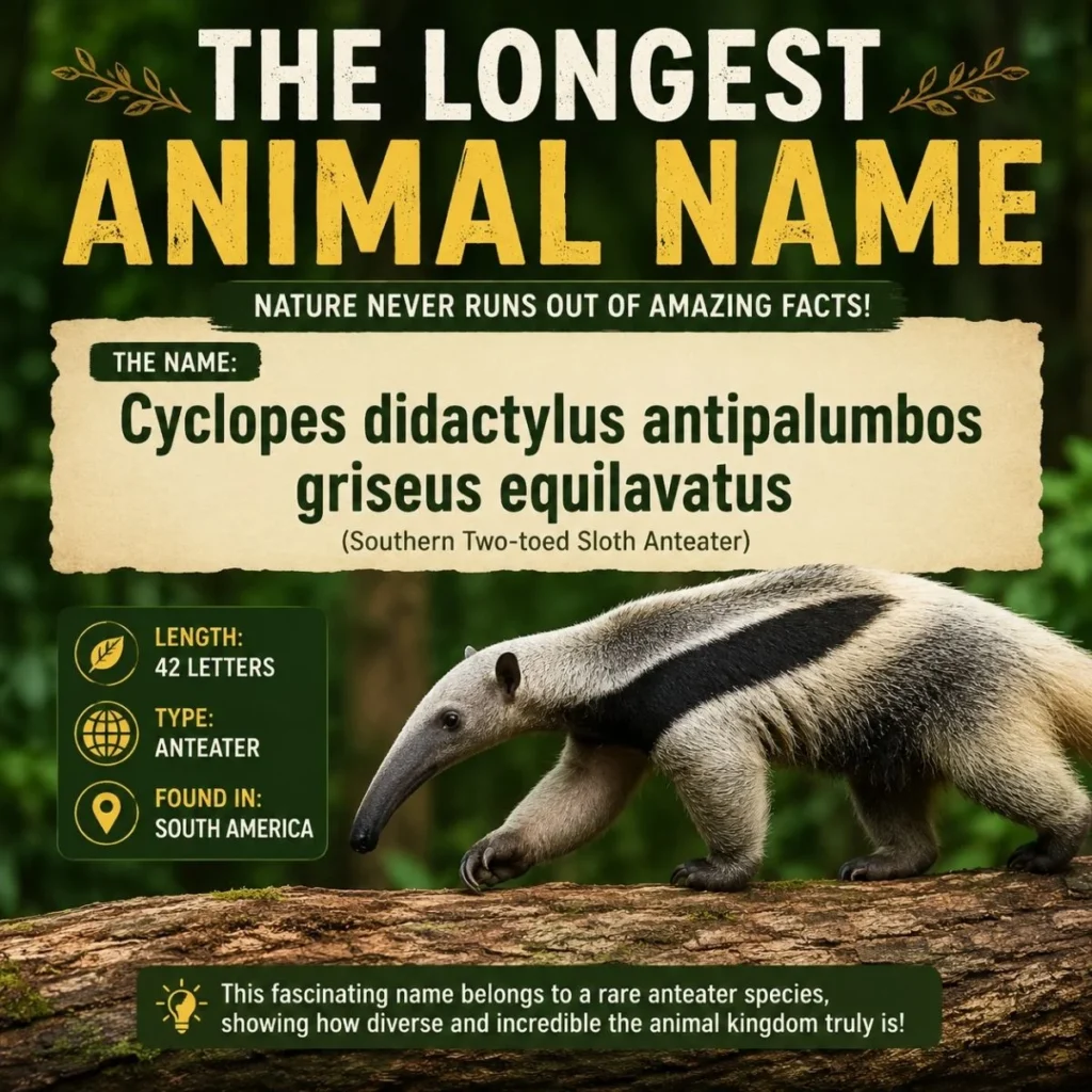 The longest animal name displayed with a two-toed anteater in a lush forest setting