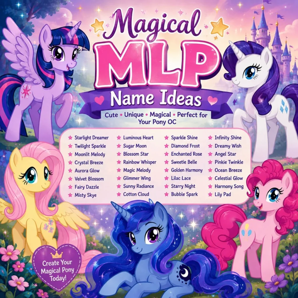Magical MLP name ideas with colorful fantasy ponies and cute, creative pony names