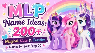 MLP name ideas banner with magical, cute pony characters and 200+ creative names for pony OCs