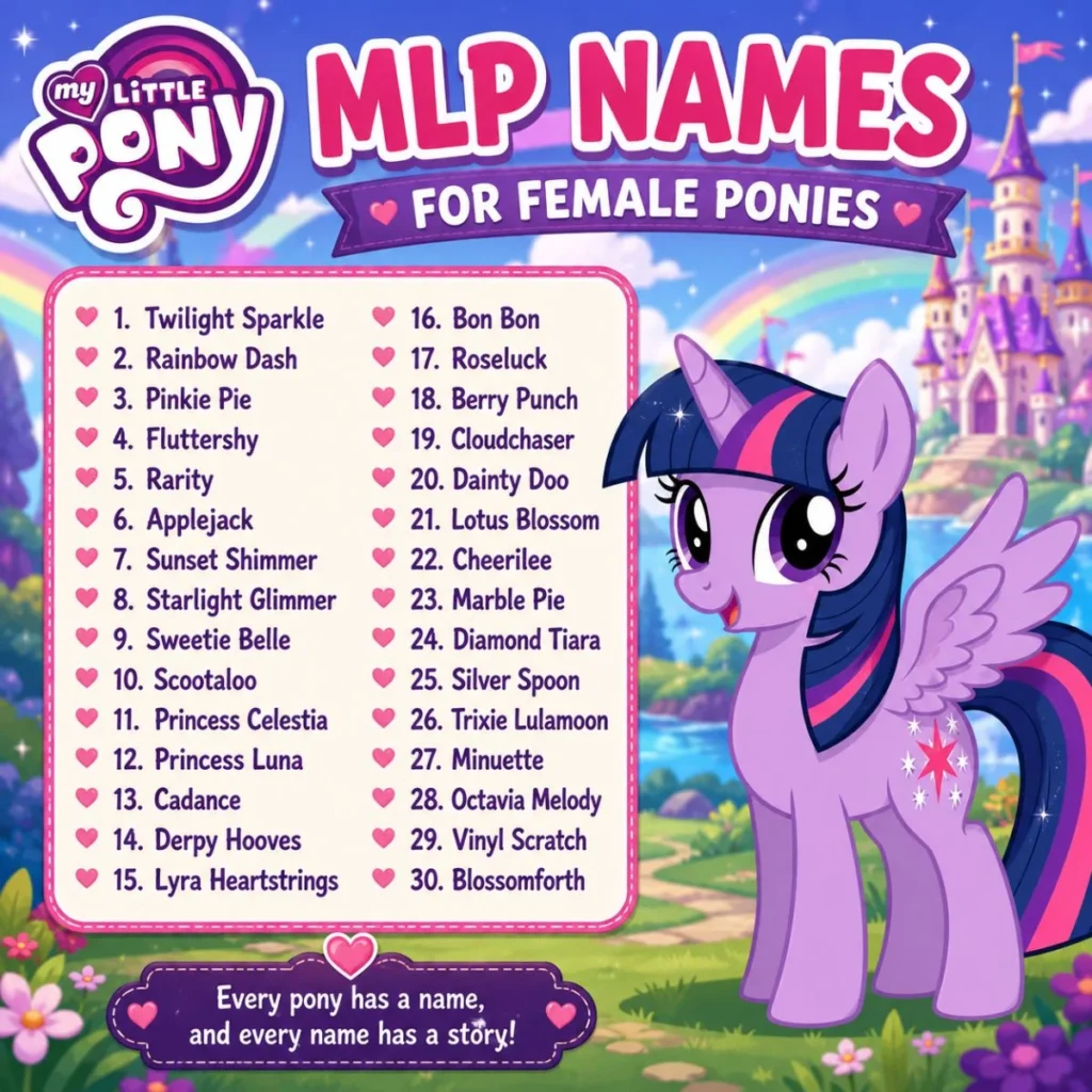 MLP names for female ponies with 30 magical name ideas and a cute purple pony
