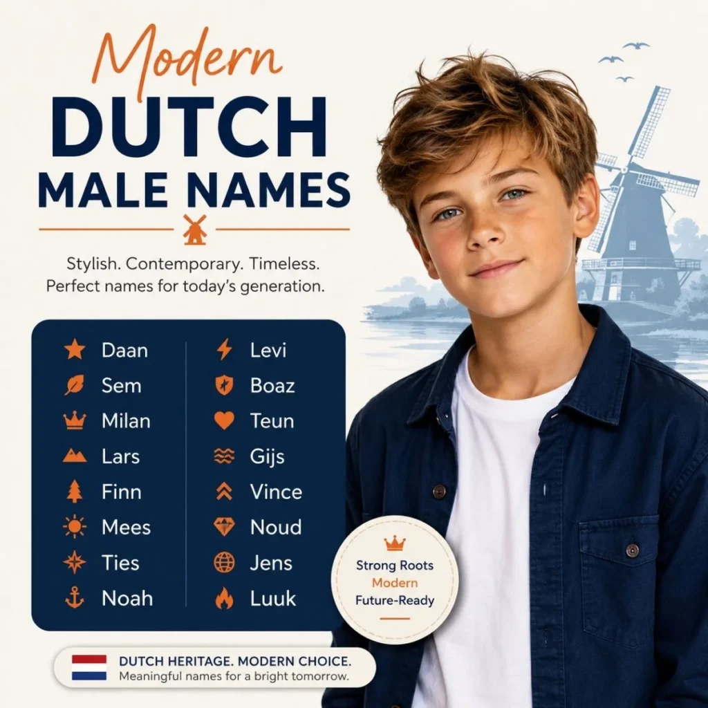 Modern Dutch male names with a stylish boy, windmill background, and popular Dutch name ideas.