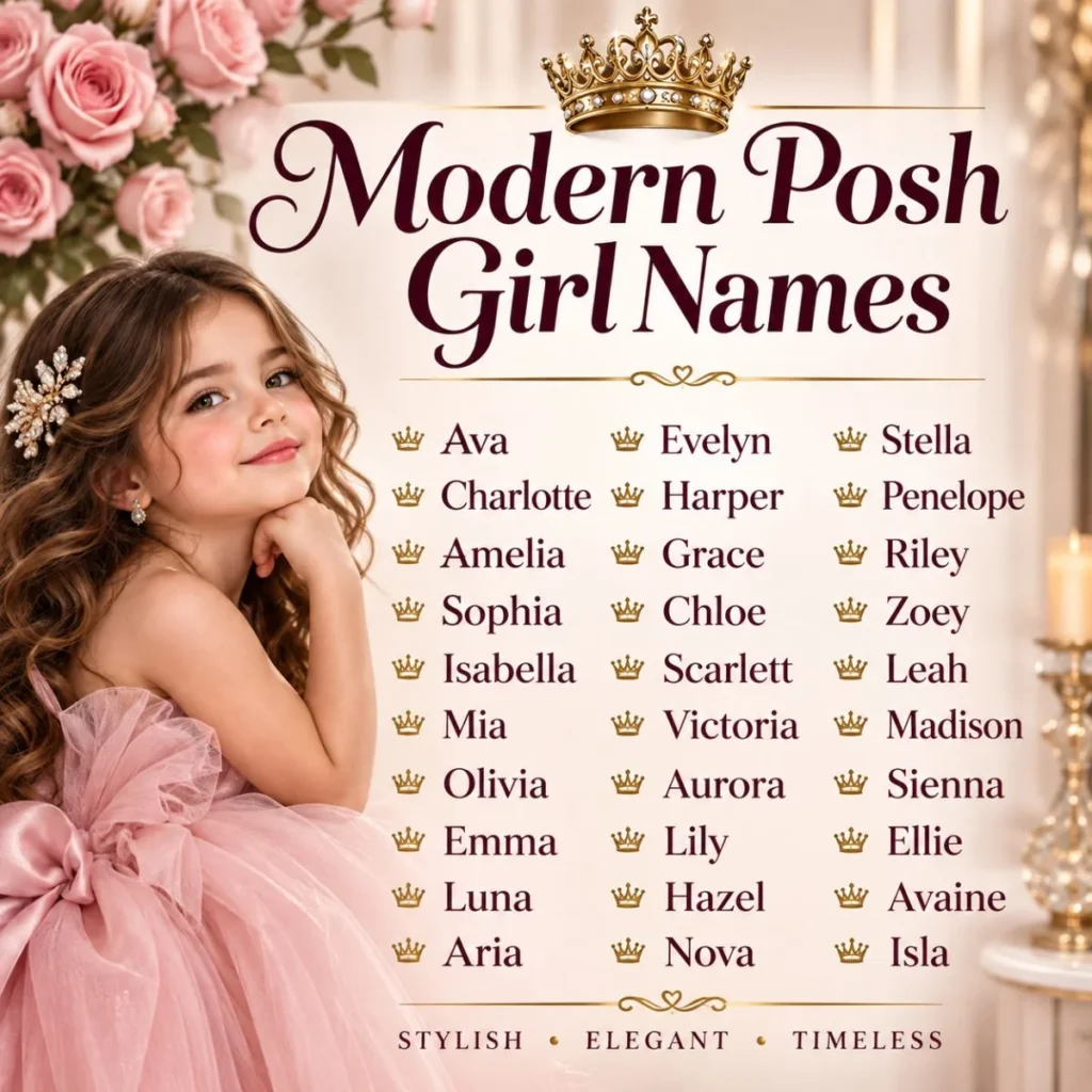 Modern posh girl names poster with elegant baby names, crown accents, roses, and a girl in a pink dress