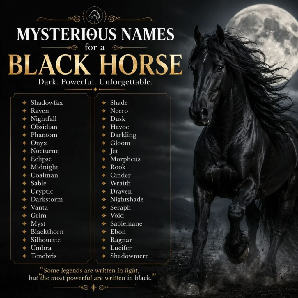Mysterious names for a black horse with a powerful horse under a full moon