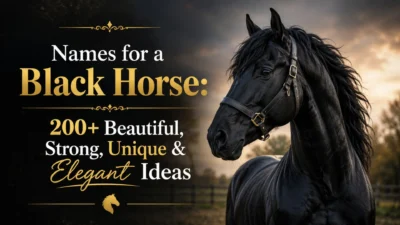 Black horse with elegant mane beside text featuring 200+ beautiful, strong, unique horse name ideas