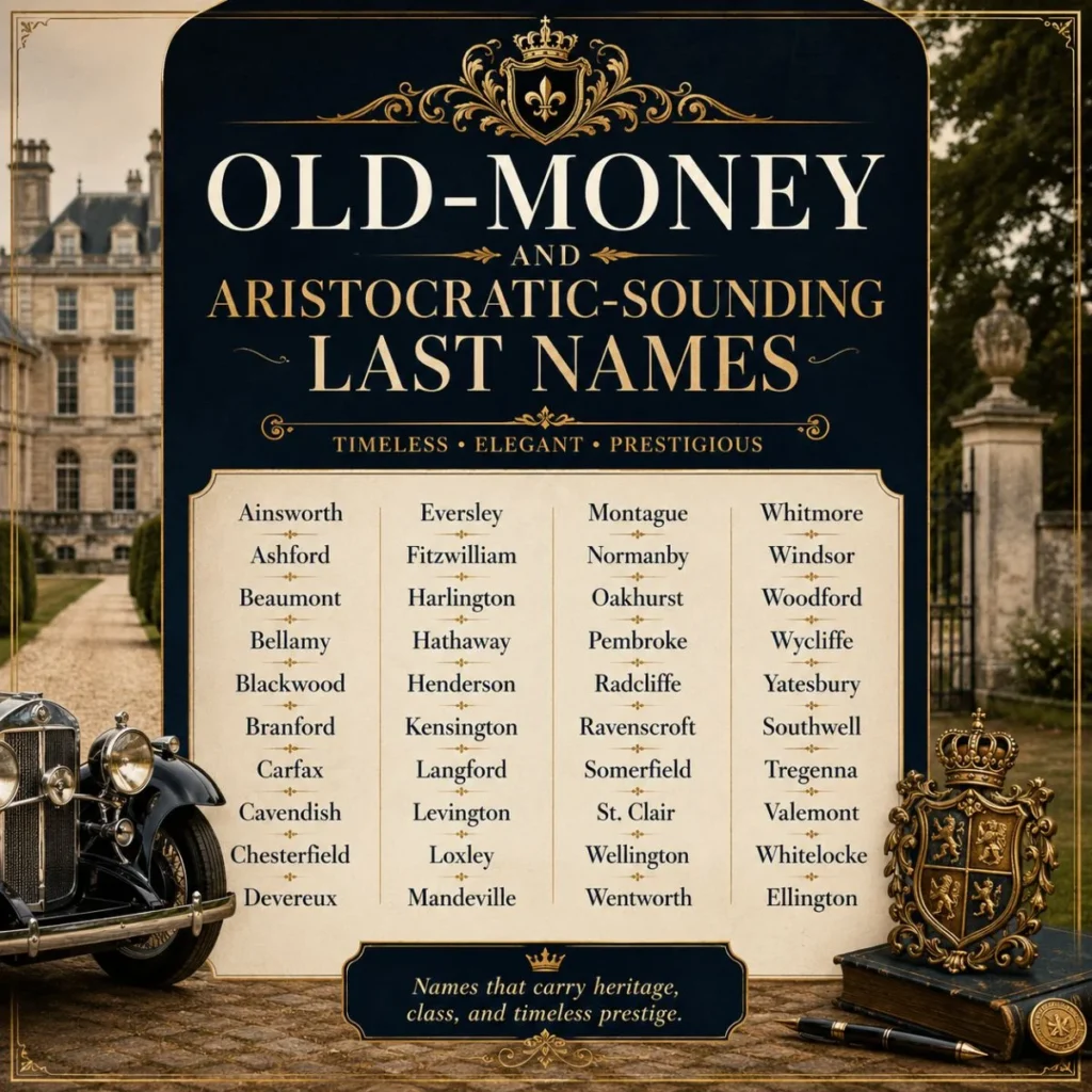 Old-money and aristocratic-sounding last names displayed on an elegant vintage heritage poster
