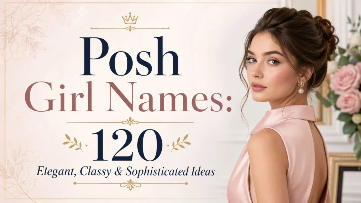 Posh girl names featuring elegant, classy, and sophisticated name ideas with a stylish woman and floral accents