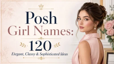 Posh girl names featuring elegant, classy, and sophisticated name ideas with a stylish woman and floral accents