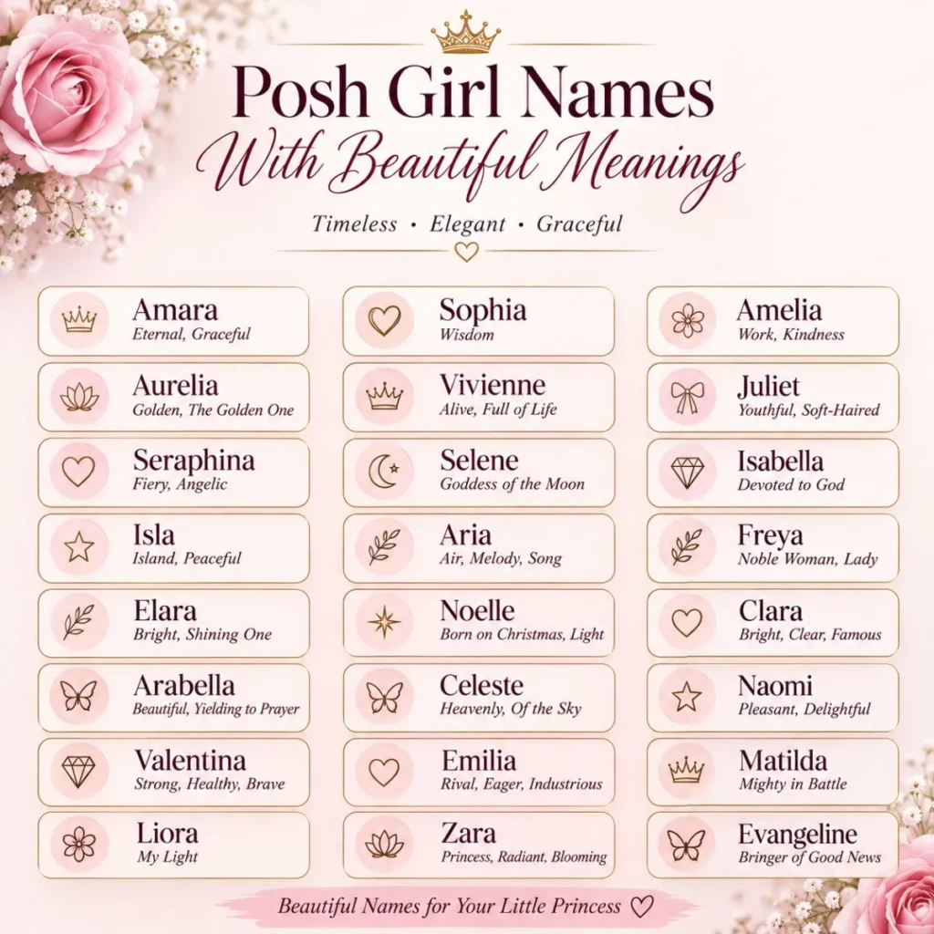 Posh girl names with beautiful meanings in an elegant pink and gold floral design