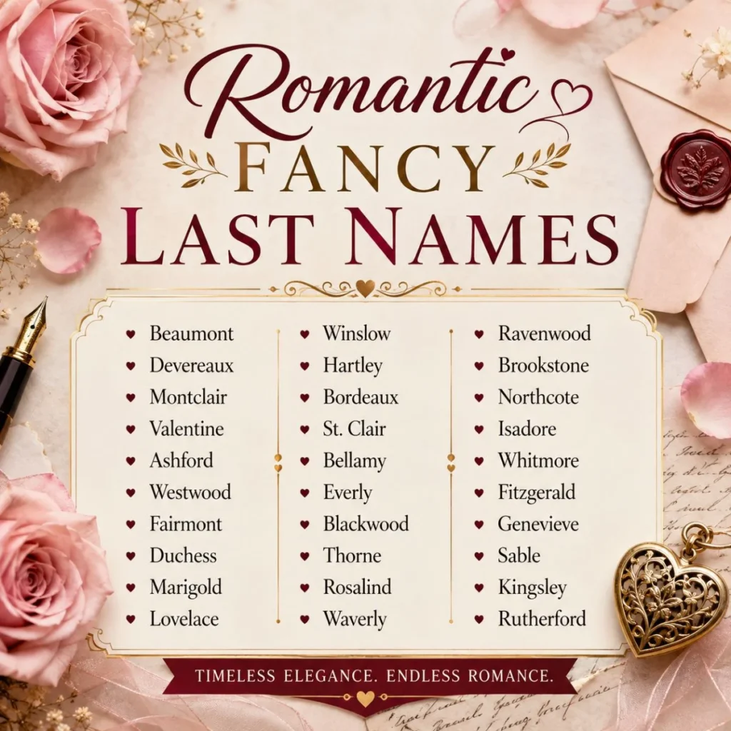 Romantic fancy last names with elegant vintage roses and luxurious name ideas