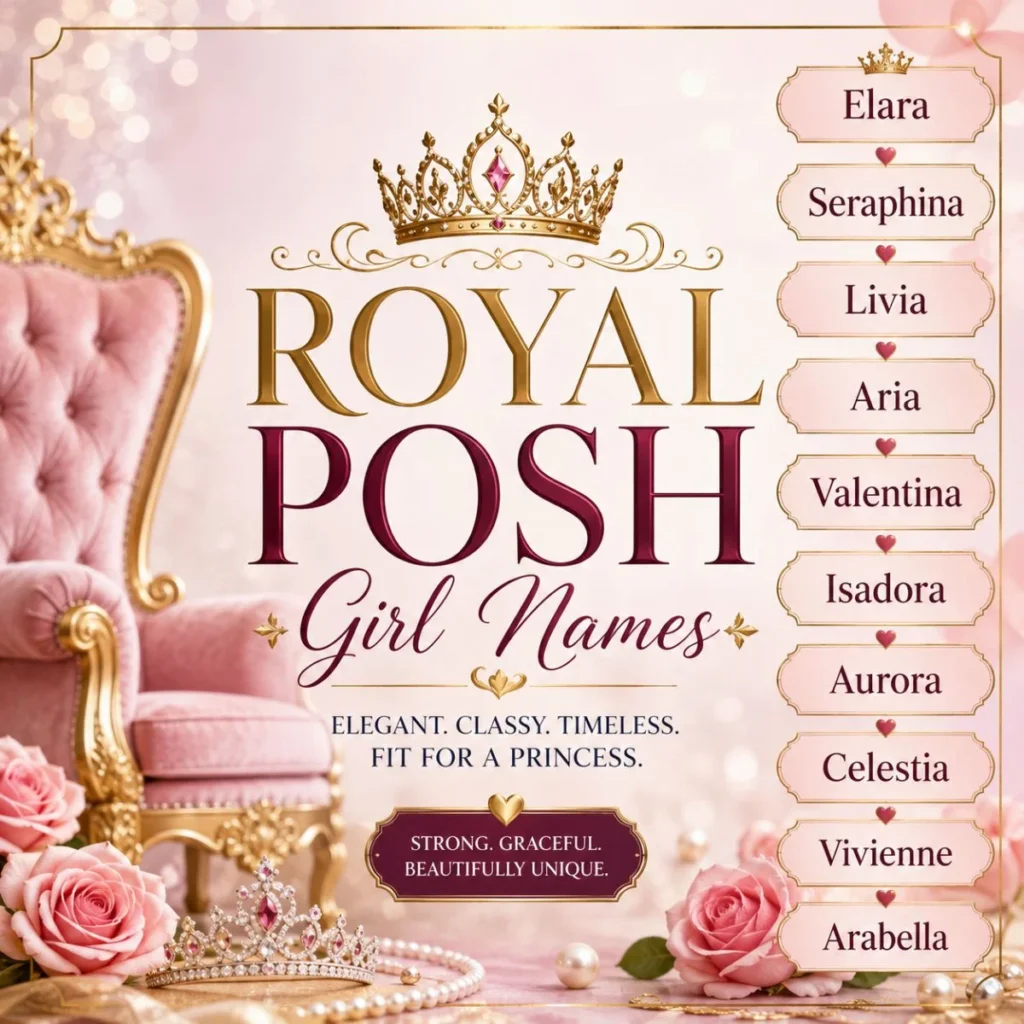 Royal posh girl names in elegant gold and pink design with princess-inspired names