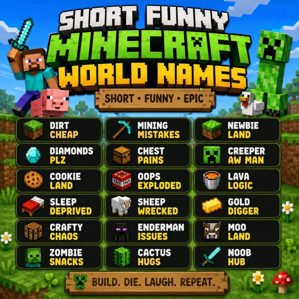 Short funny Minecraft world names displayed in a colorful pixel-style gaming scene