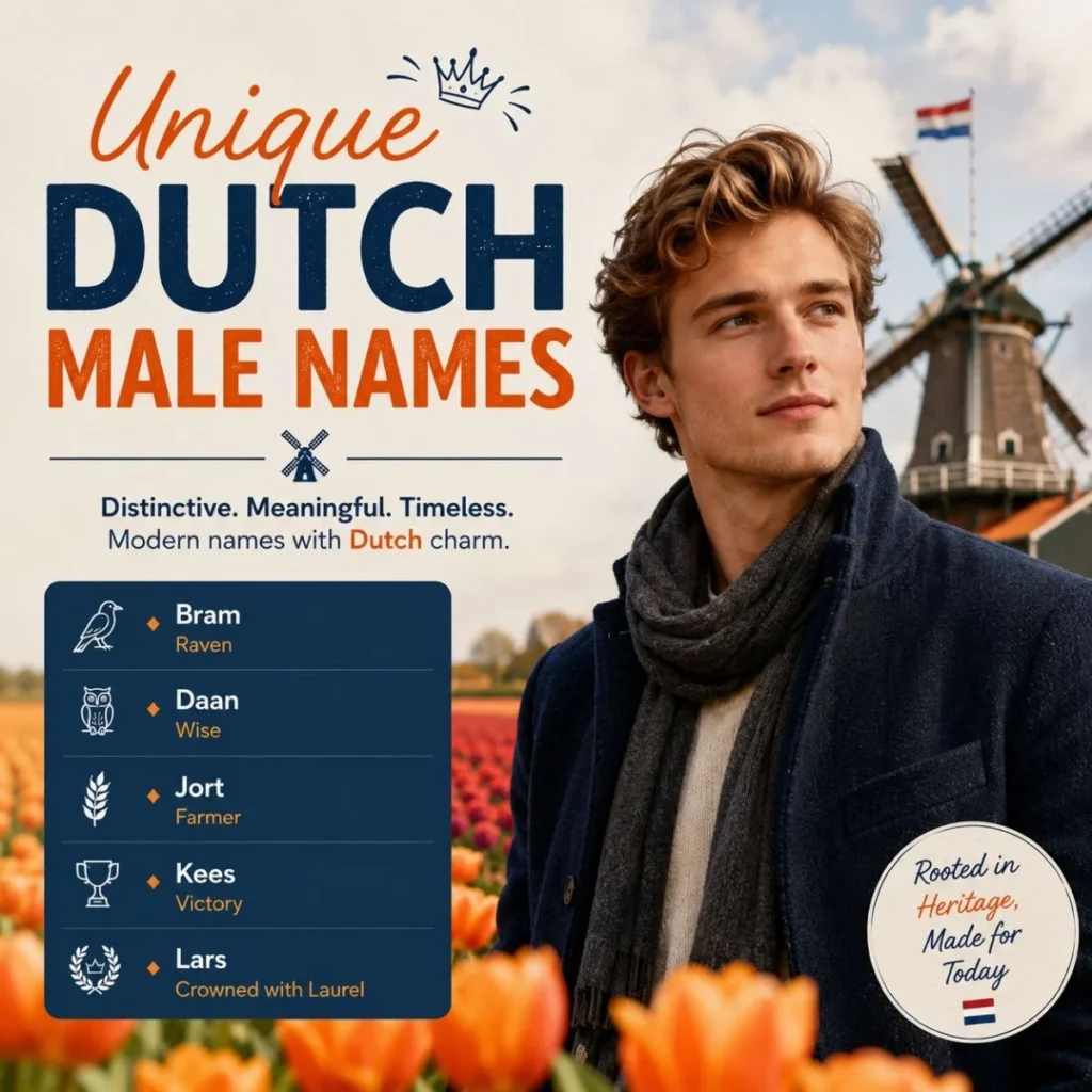 Unique Dutch male names with a young man, windmill, Dutch flag, and colorful tulip fields